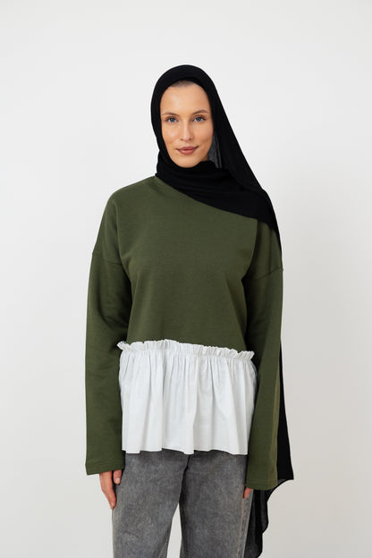 Ruffle Sweatshirt in Olive