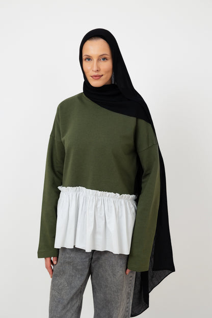 Ruffle Sweatshirt in Olive